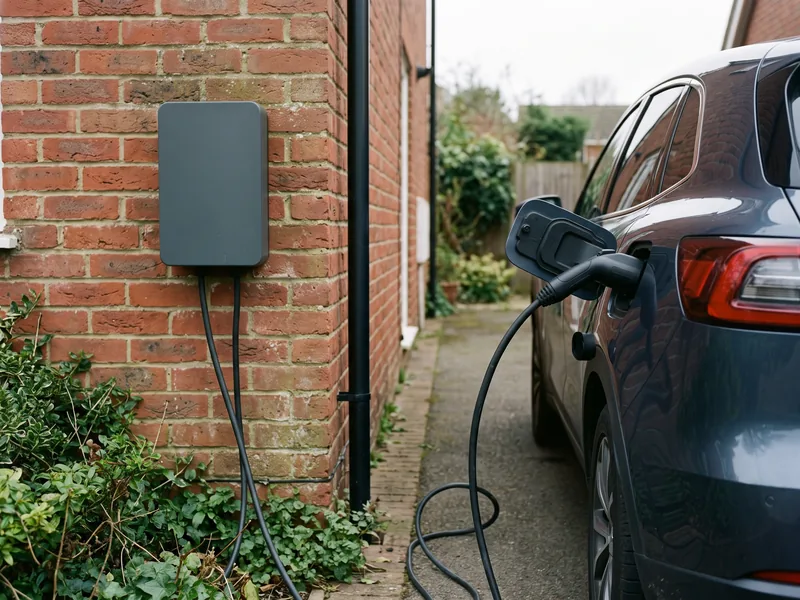 Home EV charger mounted on an outside wall