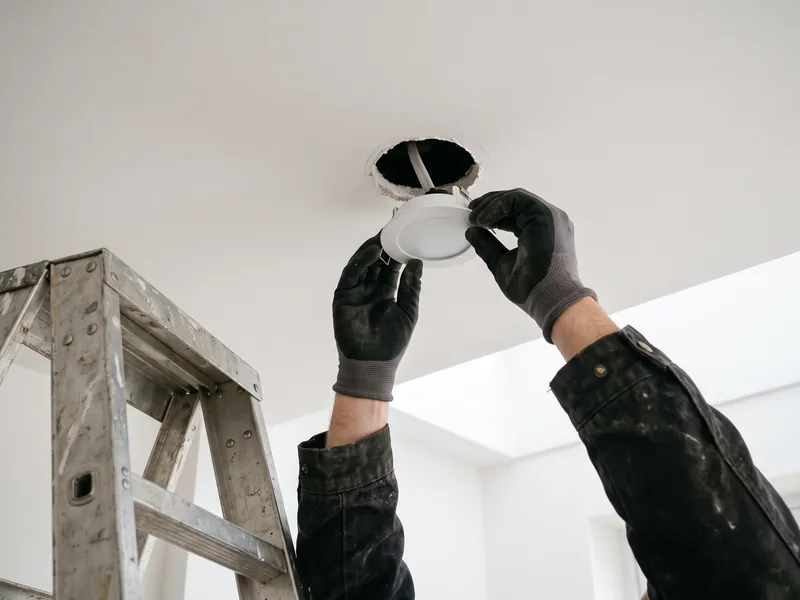 Electrician fitting a ceiling light
