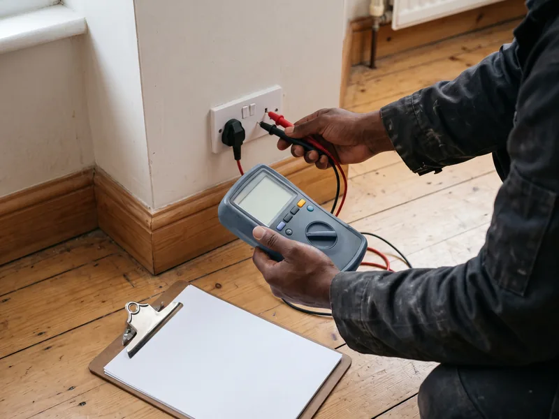 Electrician testing a socket during a safety check