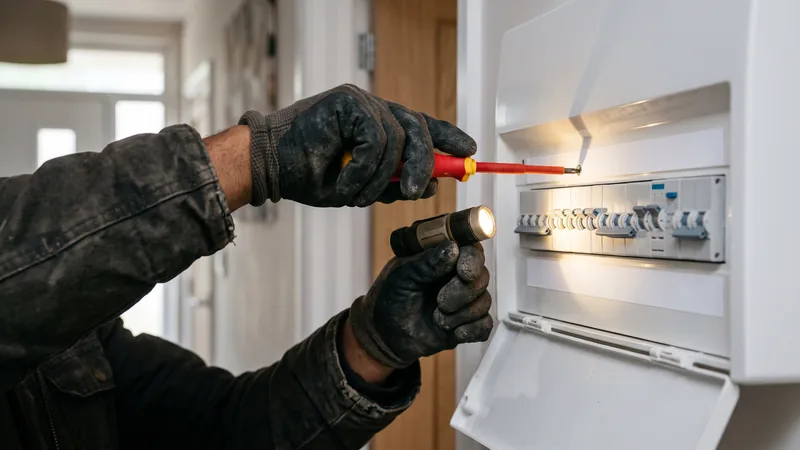 Electrician working on a home fuse board