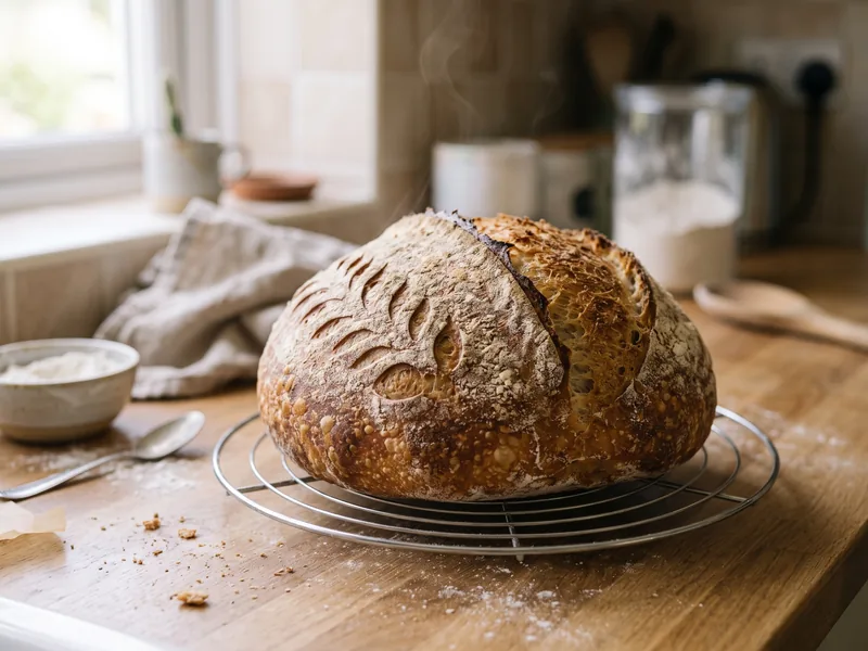 Freshly baked sourdough loaf on a cooling rack