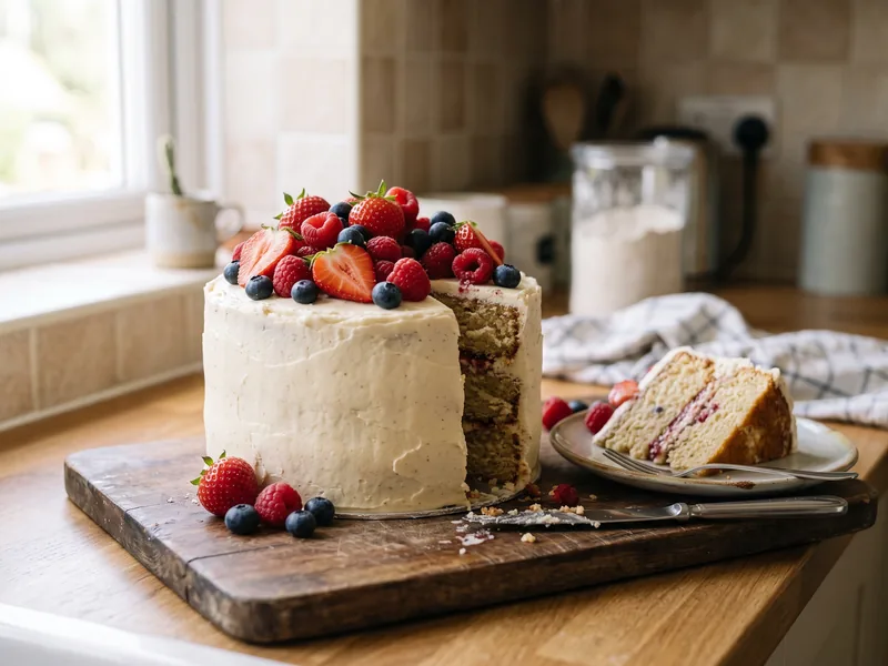 Berry-topped celebration cake with one slice cut