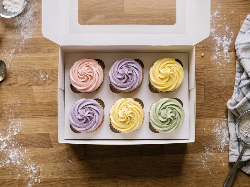 Box of six frosted cupcakes seen from above