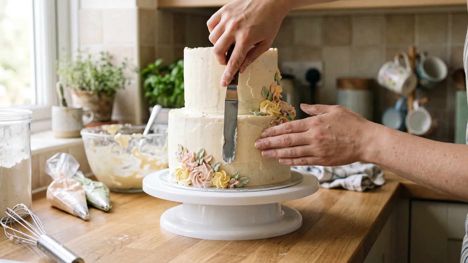 Home baker finishing a two-tier celebration cake in a home kitchen