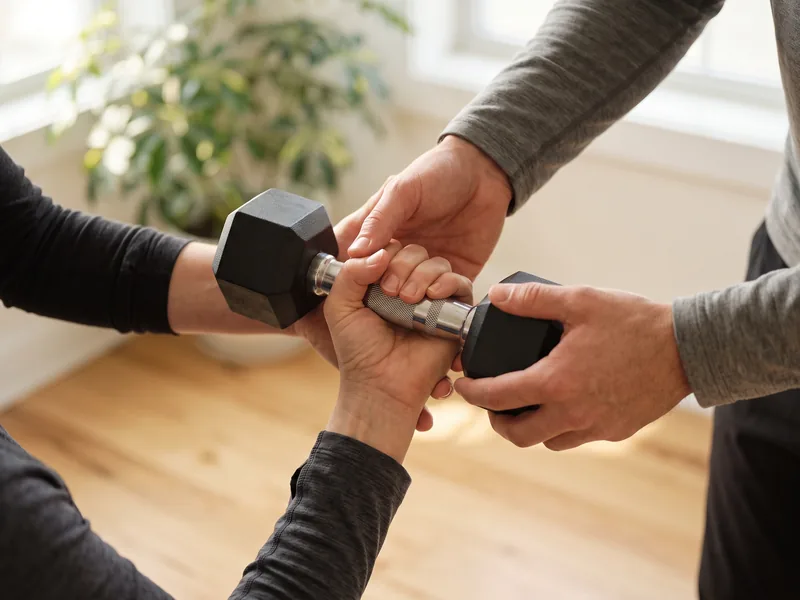 Trainer adjusting a client's grip on a dumbbell