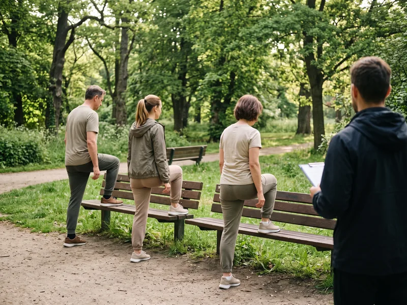 Small outdoor training group doing step-ups on park benches