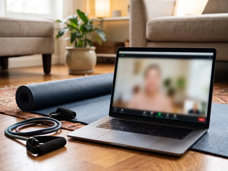 Online coaching session on a laptop beside a resistance band