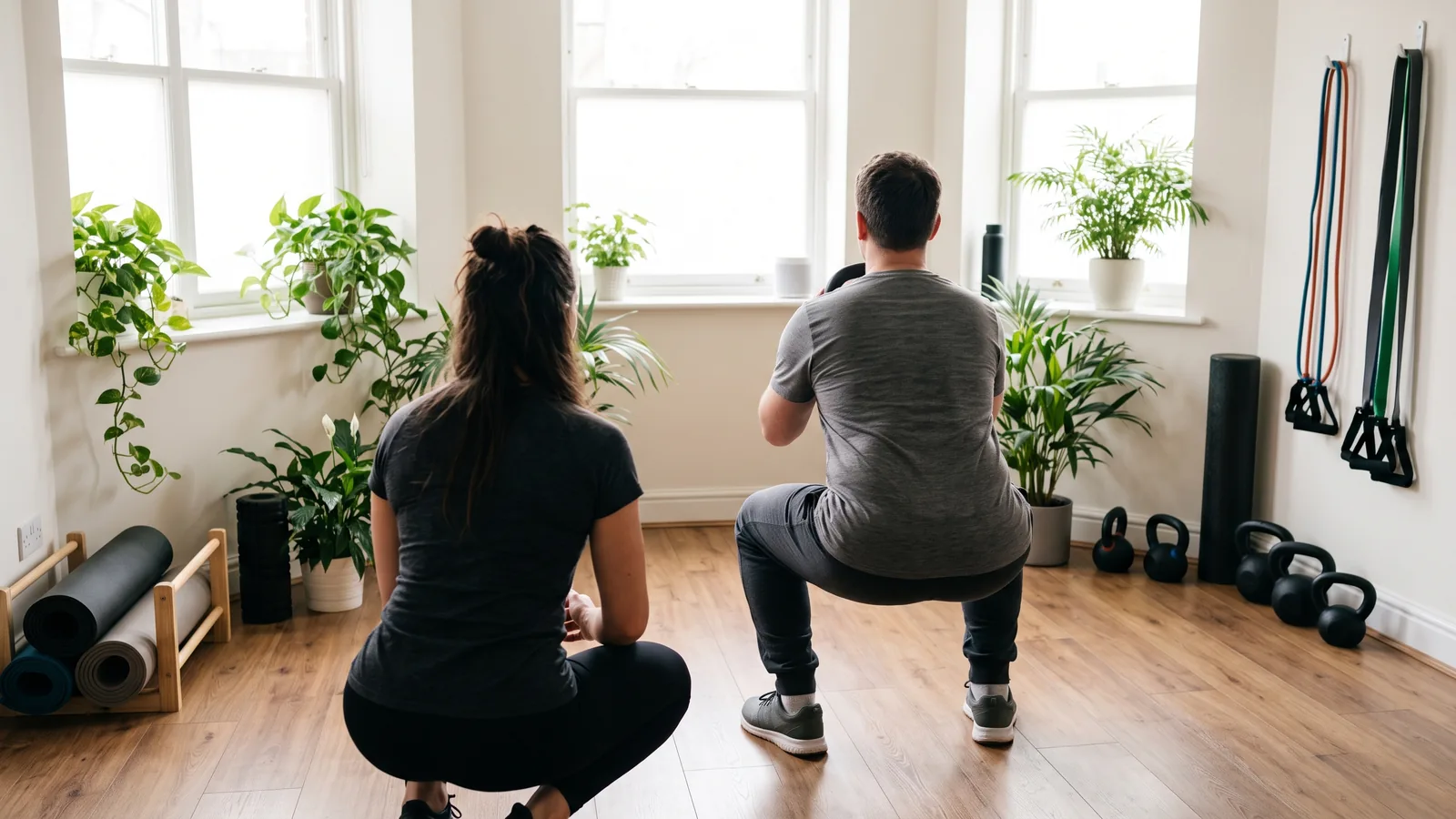 Personal trainer and client doing kettlebell squats together in a small, bright studio