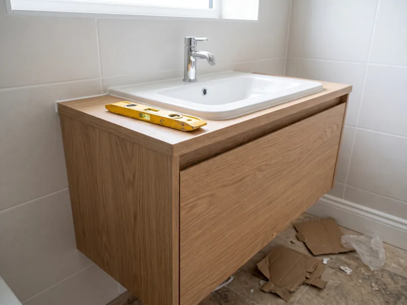 Newly fitted bathroom vanity with a spirit level