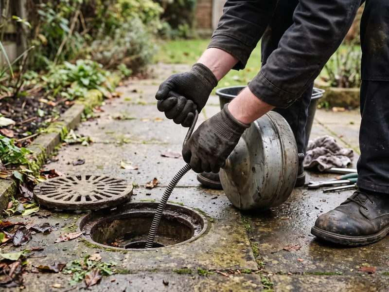 Plumber clearing a blocked outdoor drain