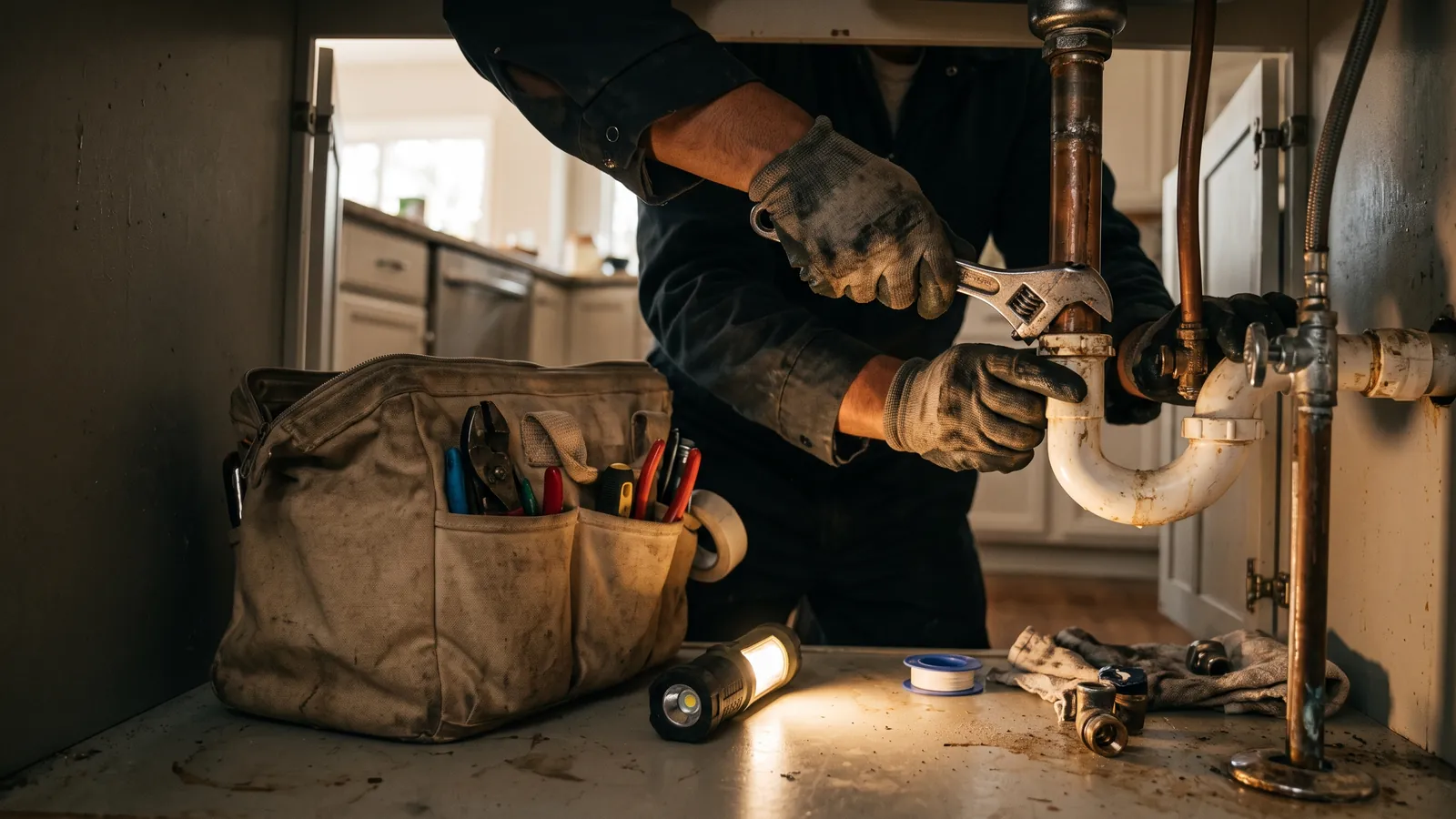 Plumber fixing a leak under a kitchen sink