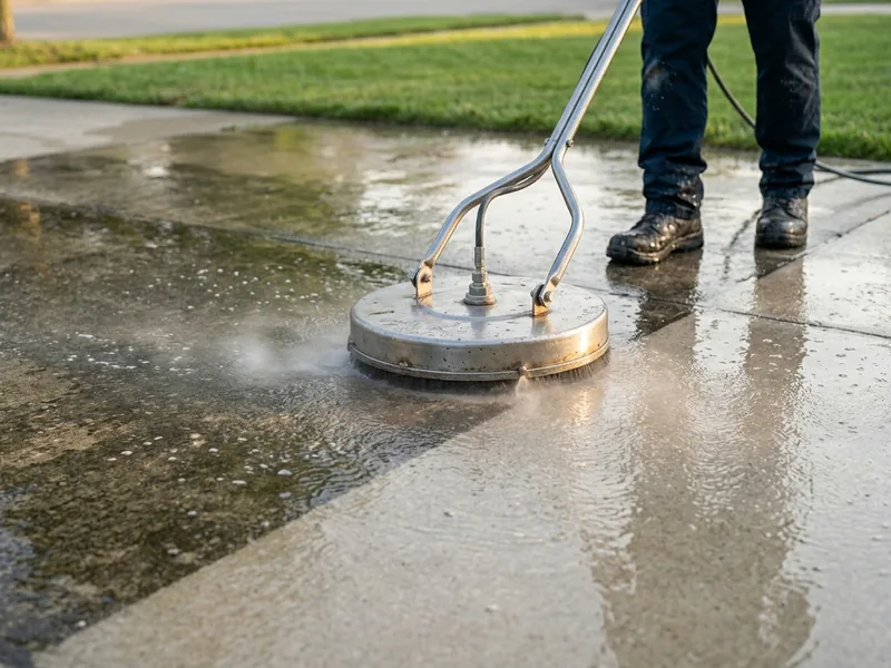Surface cleaner on a concrete driveway, half cleaned