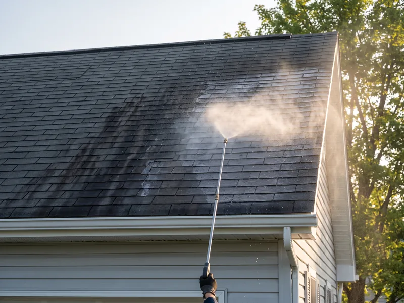 Gentle soft-wash spray on an asphalt shingle roof