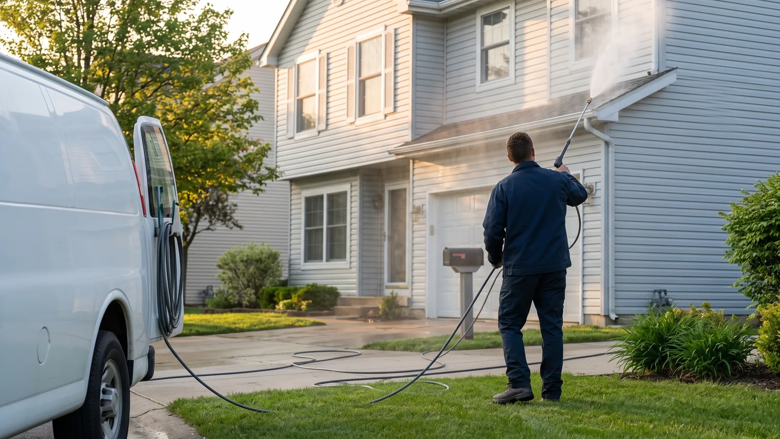 Exterior cleaner soft washing the siding of a house