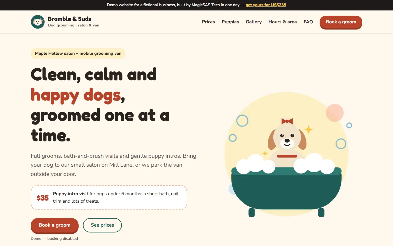 Desktop screenshot of the demo website for Bramble & Suds Dog Grooming, a fictional dog groomer business