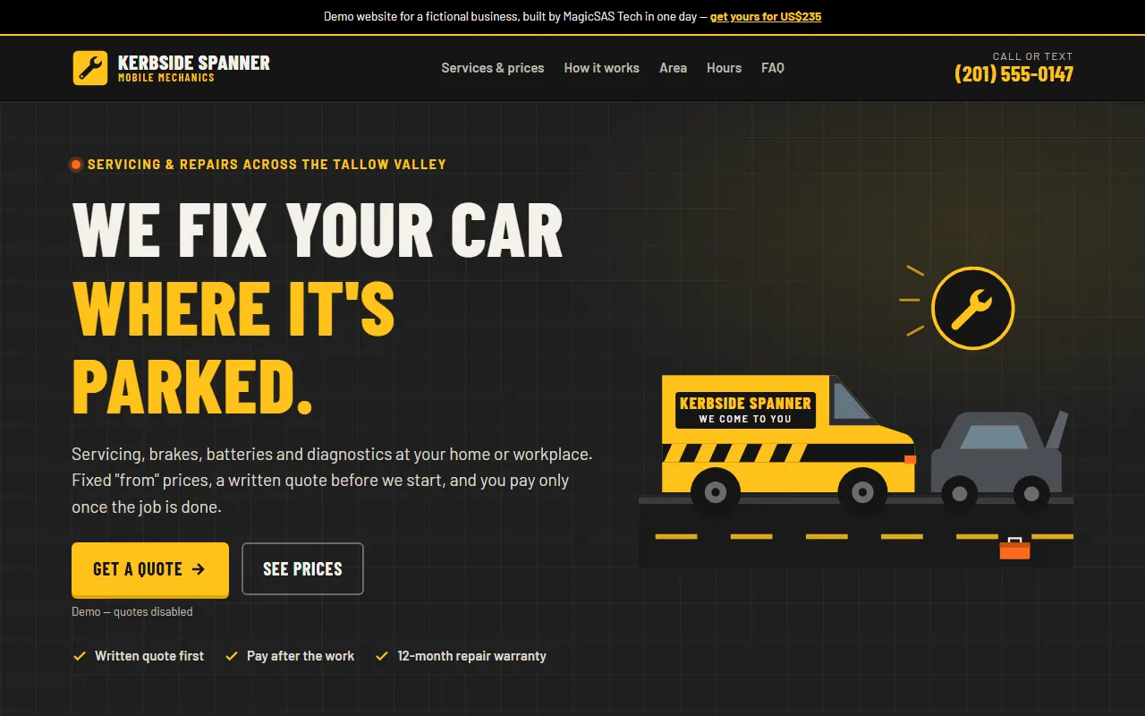 Desktop screenshot of the demo website for Kerbside Spanner Mobile Mechanics, a fictional mobile mechanic business