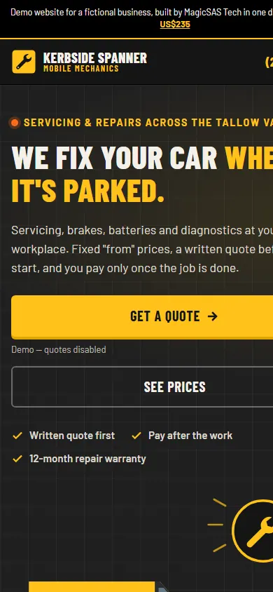 Mobile screenshot of the same demo website