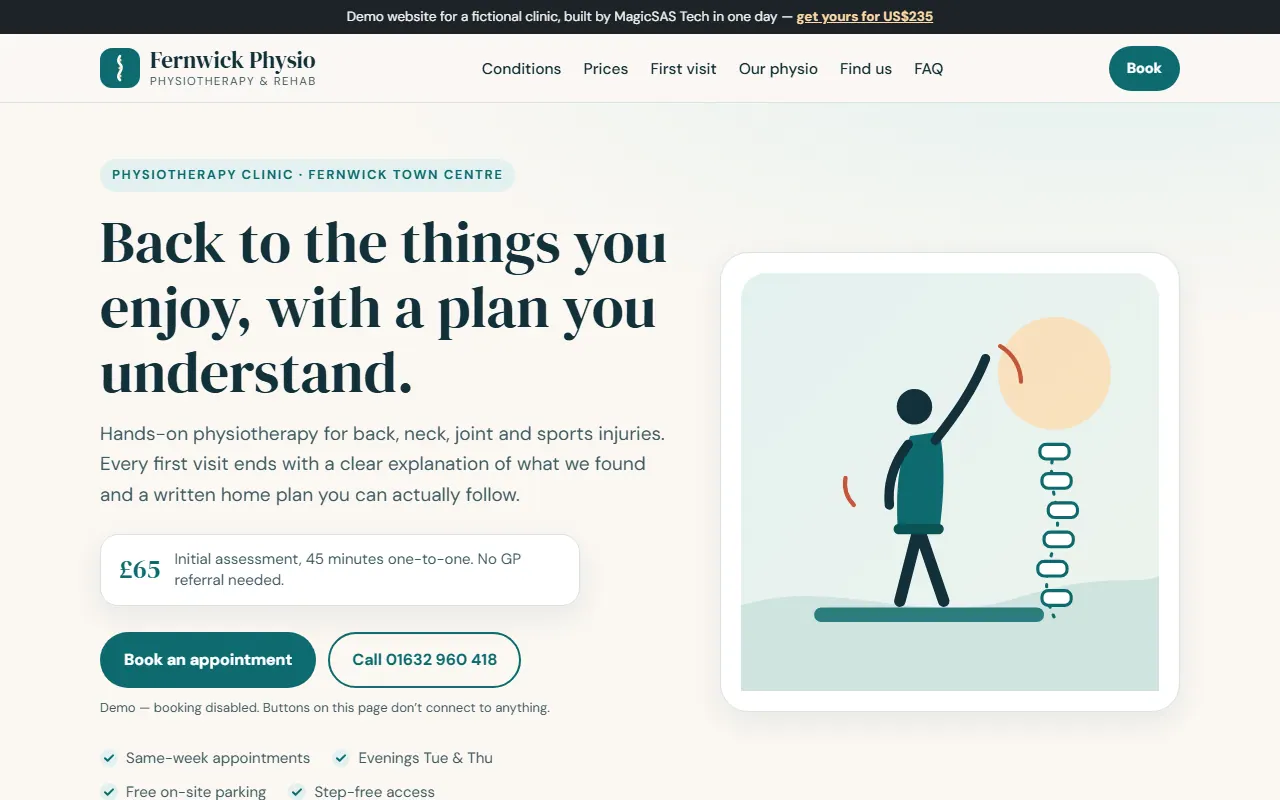 Desktop screenshot of the demo website for Fernwick Physio, a fictional physiotherapist business
