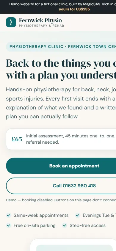 Mobile screenshot of the same demo website